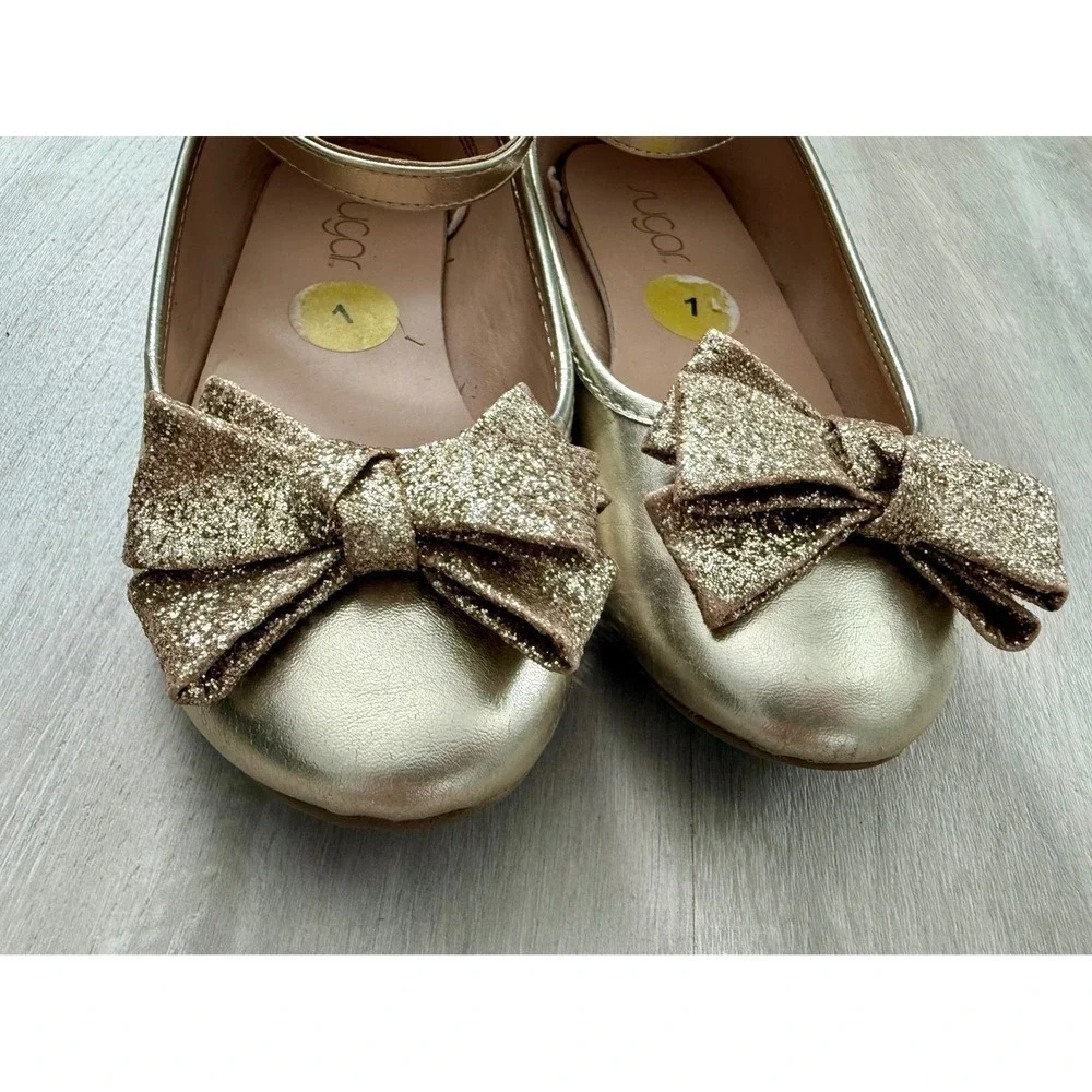 Sugar Kids Gold Glitter Bow Ballet Flats Toddler Size 1 Ankle Strap Shoes